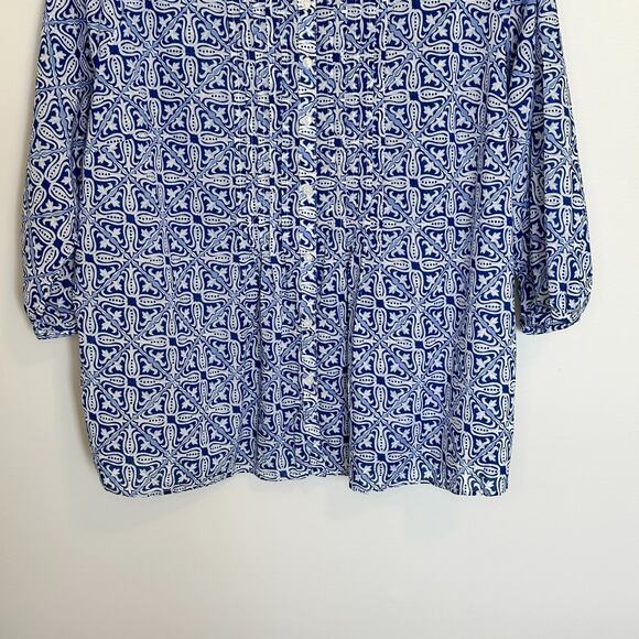 Talbots Floral Tunic Top Size XL 3/4 Sleeve Button Down 100% Cotton Blue White - Picture 3 of 9